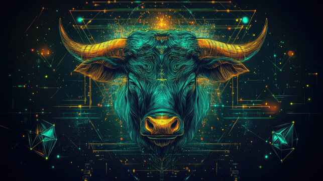 Taurus zodiac bull head artwork featuring vibrant digital lines and glowing particles, forming an intricate abstract dark background representing astrology and the universe
