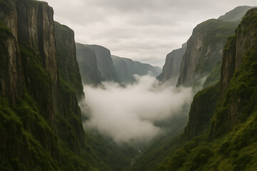 A towering, deep green canyon reveals a thin, winding river flowing below a blanket of low-hanging, mysterious clouds or fog filling the vast valley floor, emphasizing the scale of the landscape