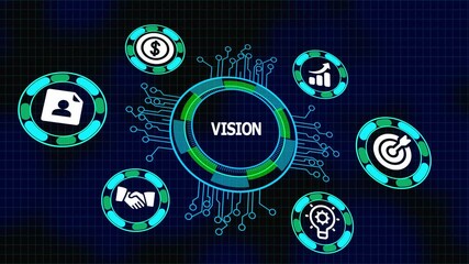 Business vision and future direction concept with leadership icons, digital strategy interface and innovation focused planning.