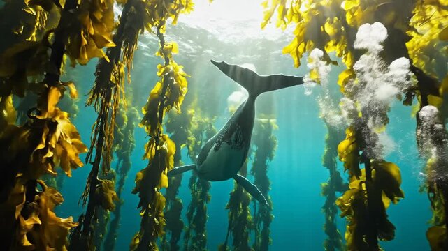 Whale Swimming Through Kelp Forest Underwater Sunlight Rays.