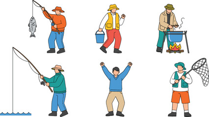  Flat vector character set of fishermen catching fish carrying buckets and cooking over a campfire for outdoor hobby camping and leisure design.