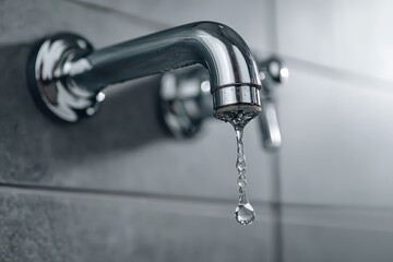 Close Up of Chrome Faucet Dripping Water Against Gray Tiled Wall With Soft Lighting