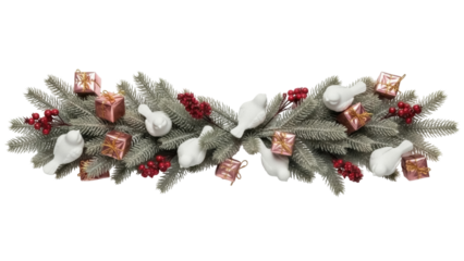 Isolated Christmas garland of frosted pine twigs, birds, gifts, red berries arrangement