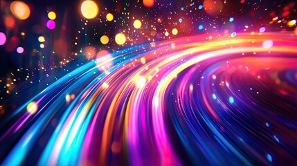 Vibrant multicolor light trails and glittering bokeh suggest high speed data flow and futuristic motion, neon fiber optic lines streaming energy, connection and acceleration
