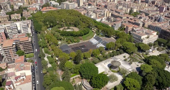 Aerial view of the Giardino Bellini, also known as Villa Bellini (in English: Bellini Garden). It is the oldest urban park in Catania, the second largest city in Sicily, Italy. Sunny summer morning.