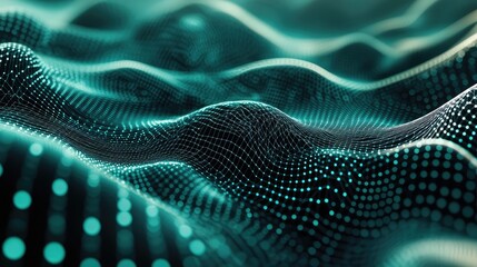 Digital grid surface creating abstract waves, depicting data visualization for technology, big data, artificial intelligence, and global network connections