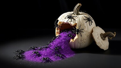 Spooky Halloween pumpkin spilling purple glitter and plastic spiders scary creepy