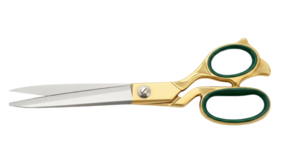 Isolated gold and green handled pair of scissors against a solid neutral backdrop are seen angled left