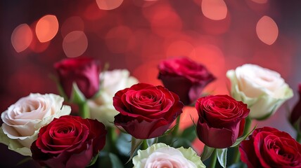 Red and white roses bouquet romantic background
