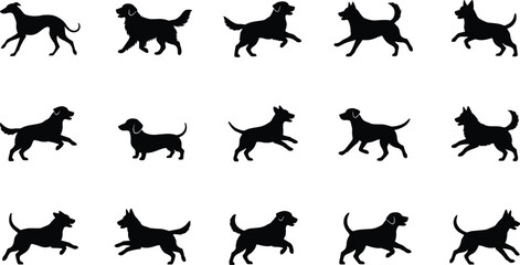 Dogs, Silhouettes, Breeds, Poses, Standing, Walking, Running, Tail, Ears, Fur, Pet, Flat Vector
