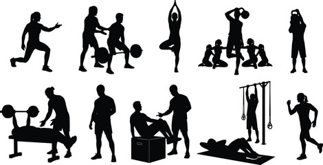 Fitness training silhouettes, exercise poses, partner workouts, gym routines, strength moves, flat vector