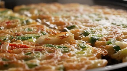 Closeup view of a freshly cooked goldenbrown savory Korean pancake likely Pajeon generously filled with vibrant green onions and other delicious ingredients showcasing its crispy texture and appetizi.