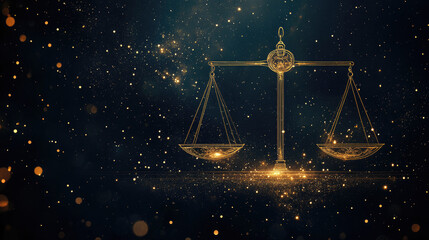 Libra zodiac constellation in minimal line art style, thin golden lines forming scales shape on dark background, modern mystical astrology design with elegant celestial elements and copy space