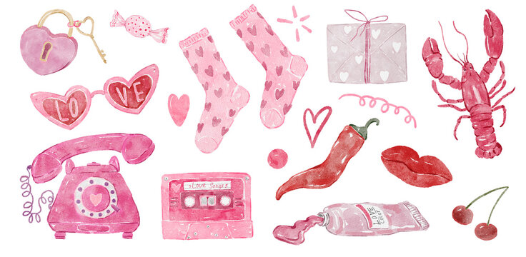 Whimsica watercolor collection of pink romantic and retro objects: vintage telephone, cassette tape, heart sunglasses, socks with hearts, lobster, lipstick, cherries and a heart lock with key. 