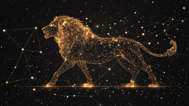 Leo zodiac constellation in minimal line art style, created with thin golden lines on black background, elegant modern astrology design highlighting celestial beauty with copy space for text