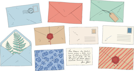 Vintage hand drawn envelope set with wax seals stamps and letters including floral patterns and botanical elements for wedding invitations greeting cards and nostalgic mail correspondence design.