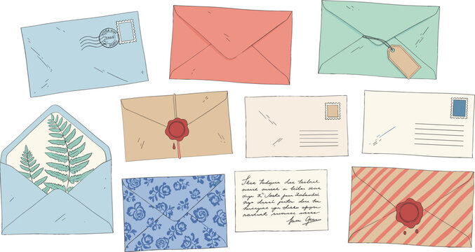 Vintage hand drawn envelope set with wax seals stamps and letters including floral patterns and botanical elements for wedding invitations greeting cards and nostalgic mail correspondence design.