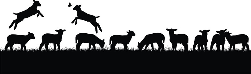 Lamb silhouettes in grassy field, leaping, grazing, butterfly interaction, nature animals, flat vector