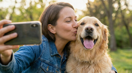 A happy woman takes a selfie while kissing her golden retriever dog in a sunny park outdoors.