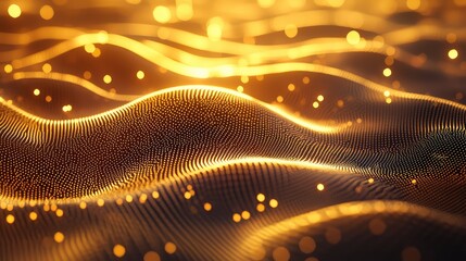 Golden particle waves with glowing light dots creating an abstract technology background, representing digital data, energy flow, and network connection