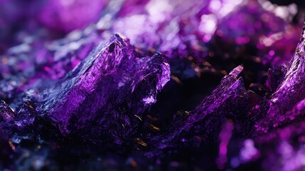 Purple crystalline texture features jagged rough surfaces and sparkling details, forming a dynamic abstract background with glowing bokeh elements in the distance
