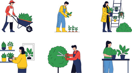 People gardening and caring for house plants and outdoor greenery, set of diverse characters planting trimming and watering vegetation in flat cartoon style for nature and eco-friendly lifestyle proje © MdEmdadul