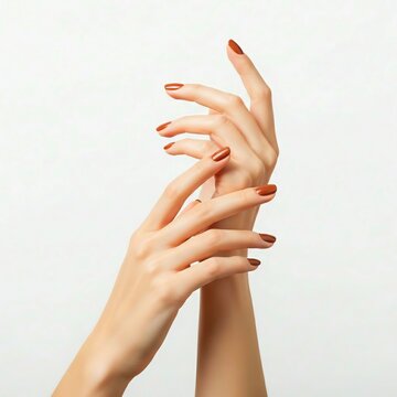 Elegant female hands with brown manicure on white background close up, minimal beauty concept. 