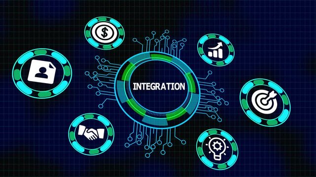 Business integration and system connectivity concept with digital icons, unified technology interface and operational alignment.