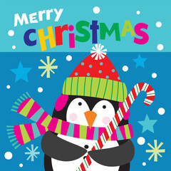 Christmas card with cute penguin and candy cane