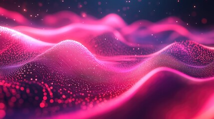 Abstract digital landscape showing flowing data representing networking, big data, and futuristic technology with glowing particles emitting vibrant pink and purple light