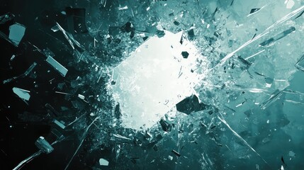Broken glass fragments flying outward from a central illuminated area, creating a dynamic effect representing impact, explosion, or breakthrough against a dark background