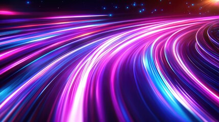 Abstract scene showing dynamic light trails of magenta, blue, and violet colors representing speed, data transmission, digital communication, and innovation on a dark background
