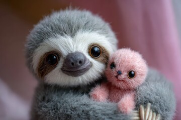 Obraz premium Realistic stuffed animal sloth cuddling a pink plush companion in a soft, cozy setting, highlighting the charm of handmade toy craftsmanship
