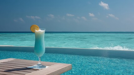 Refreshing Cocktail by Infinity Pool Overlooking Turquoise Sea with Clear Blue Skies, Ideal for Tropical Vacation and Relaxation in Paradise