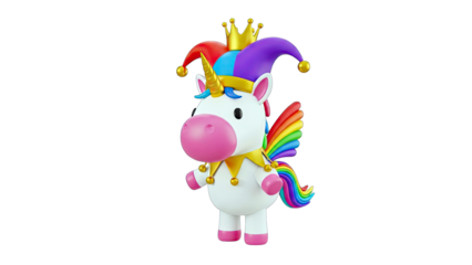 Cute Unicorn with Crown and Jester Hat on White Background