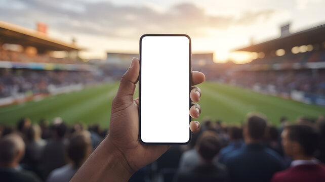 Hand holding smartphone with blank screen at a crowded outdoor sports stadium during sunset