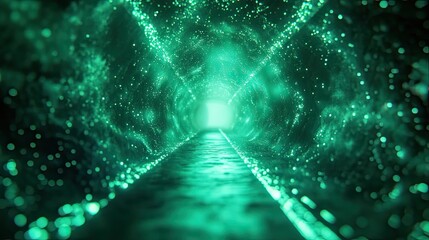 Digital data tunnel glowing with green particle light, showing a futuristic pathway connecting information and technology with a bright light at the end