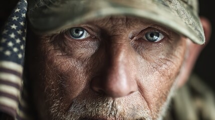 Obraz premium Courage in the Eyes: A veteran's portrait, eyes revealing resilience and pride as he holds the flag, a testament to service and sacrifice.