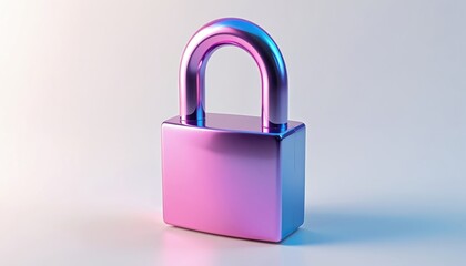 Shiny metallic padlock symbol isolated on clean white surface. Minimalist security concept graphic with pastel pink and blue hues. Digital protection abstract representation.