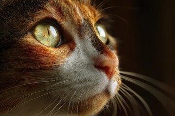 Realistic close-up of a calico cat showcasing vibrant green eyes and intricate fur patterns in a softly lit indoor environment