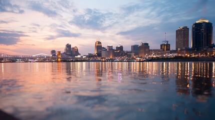 City skyline view at dusk over the water with lights reflecting on the surface