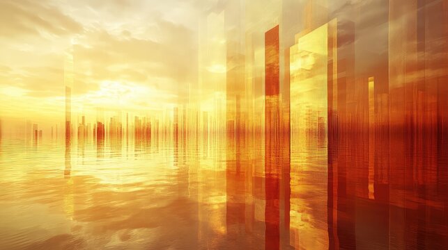 Abstract cityscape elements rising from a reflective water surface, capturing the warm glow of a golden sky, depicting future vision and modern architectural concepts - Powered by Adobe