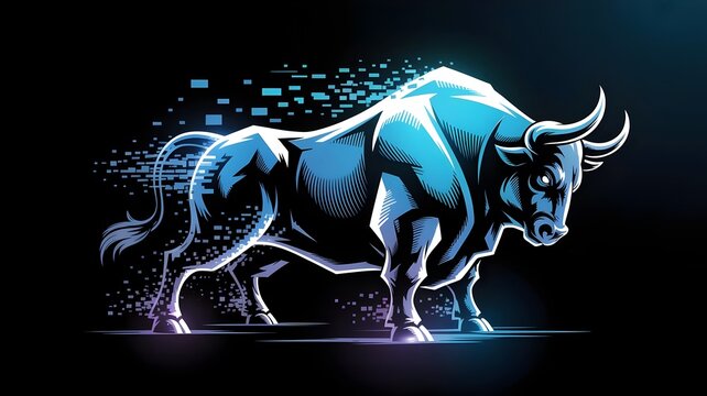 Blue bull silhouette disintegrating into pixelated geometric particles &ndash; Great for abstract technology, finance, power, and cybernetics.