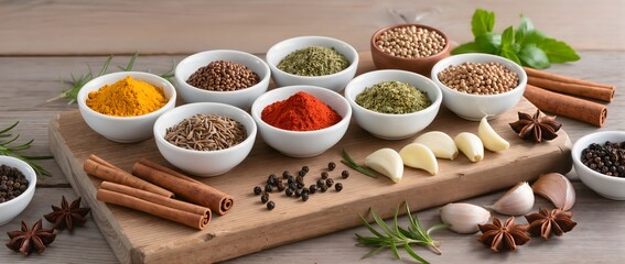 Fototapeta premium Assorted Colorful Spices and Aromatic Herbs in Bowls on Rustic Wooden Table