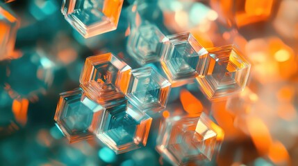 Clear hexagonal crystal structures scatter and refract light, producing a dynamic abstract background with glowing teal and orange hues, representing science, technology, and molecular patterns
