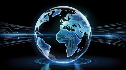 Glass globe with glowing cyan circuit continents &ndash; Perfect for geopolitical analysis, global data flow, or future world concepts.
