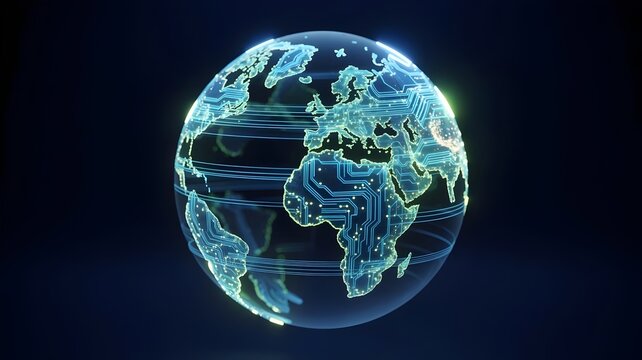 Earth globe with luminous blue circuit board landmasses – Suitable for worldwide communication, digital networks, or environmental tech. - Powered by Adobe
