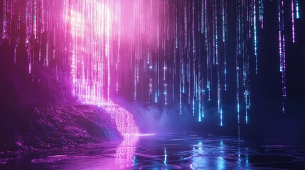 Magenta and blue neon particles cascade like a luminous waterfall, raining light onto a wet reflective surface, evoking abstract data streams in a cybernetic virtual environment