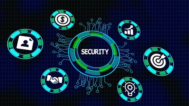 Digital business security concept with protection icons, data safety interface, cyber defense system and secure infrastructure.