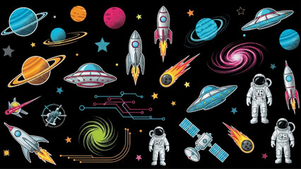 Modern Retro Halftone Space Sci-Fi Sticker Elements Set on Black Background